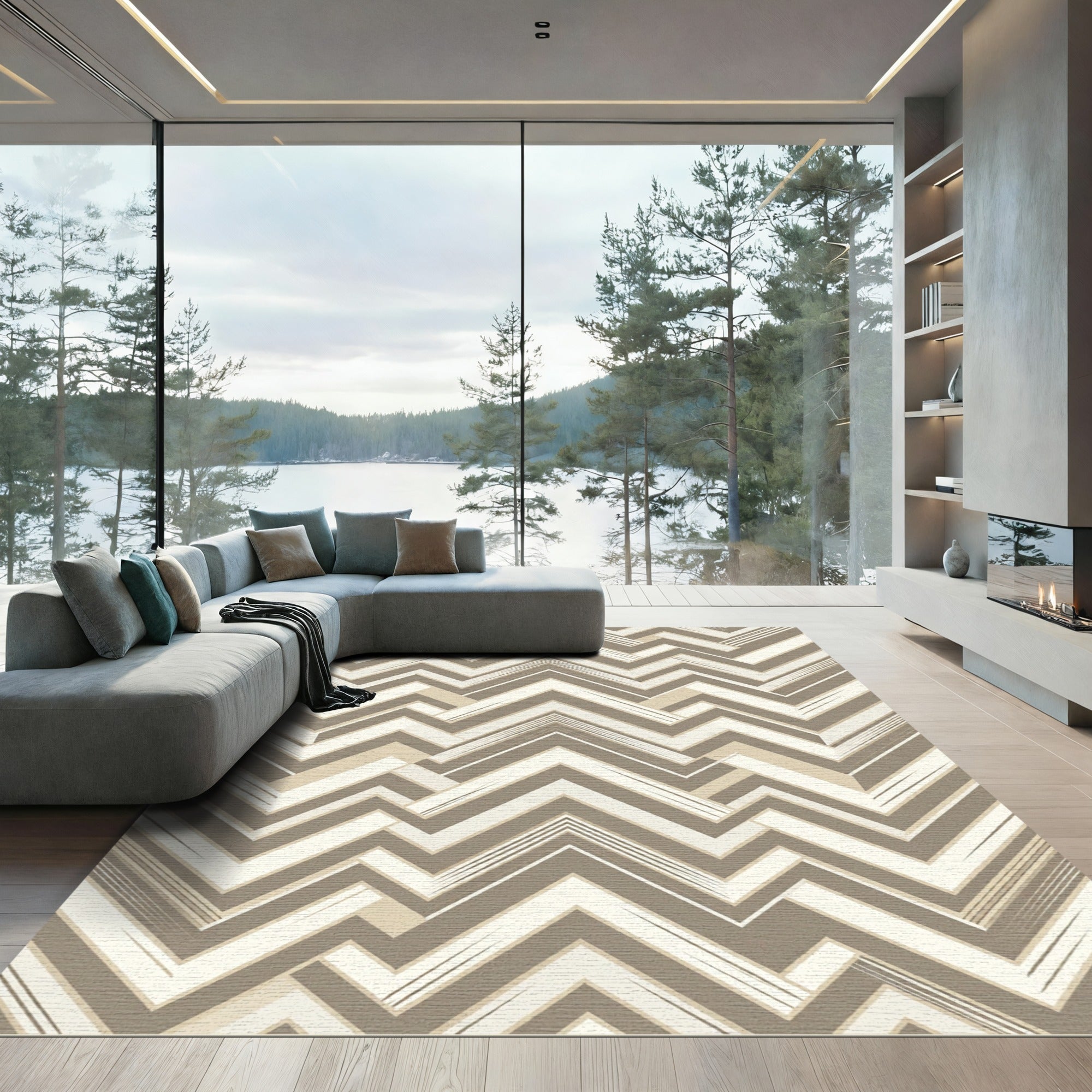 Neutral Beige Chevron Zigzag Geometric Rug