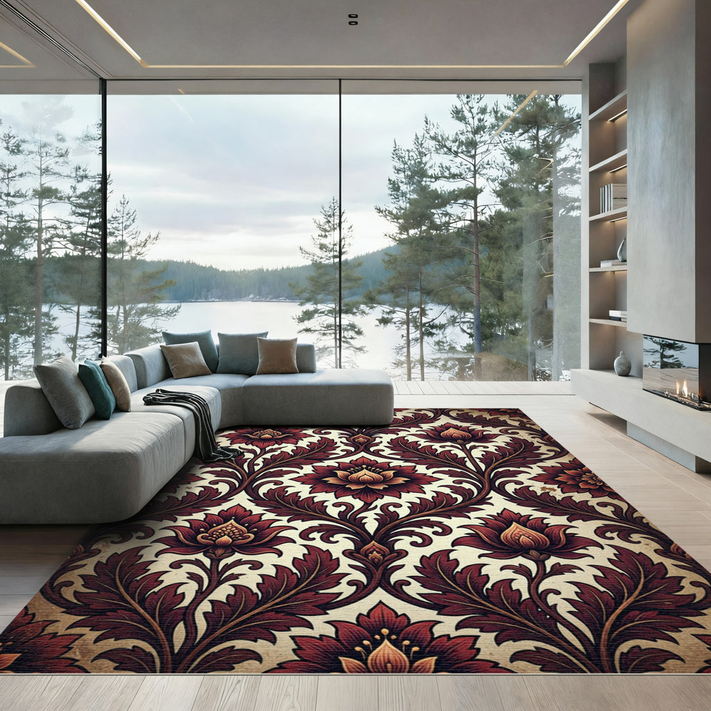 Elegant Burgundy Floral Damask Scroll Rug