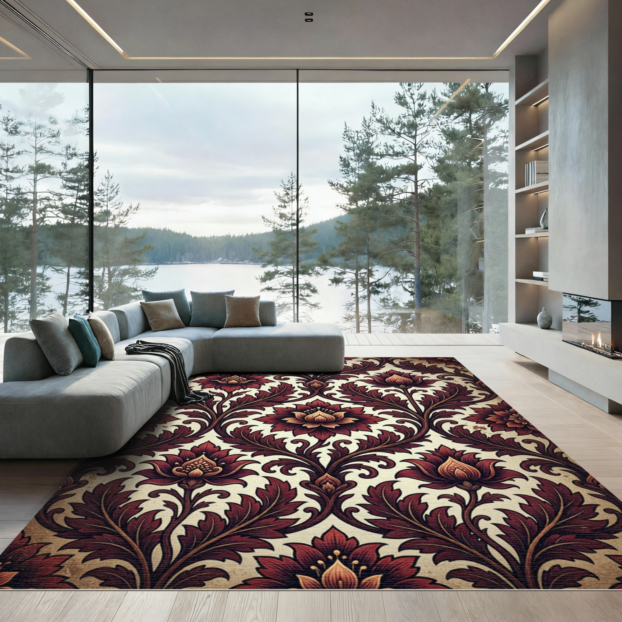 Elegant Burgundy Floral Damask Scroll Rug