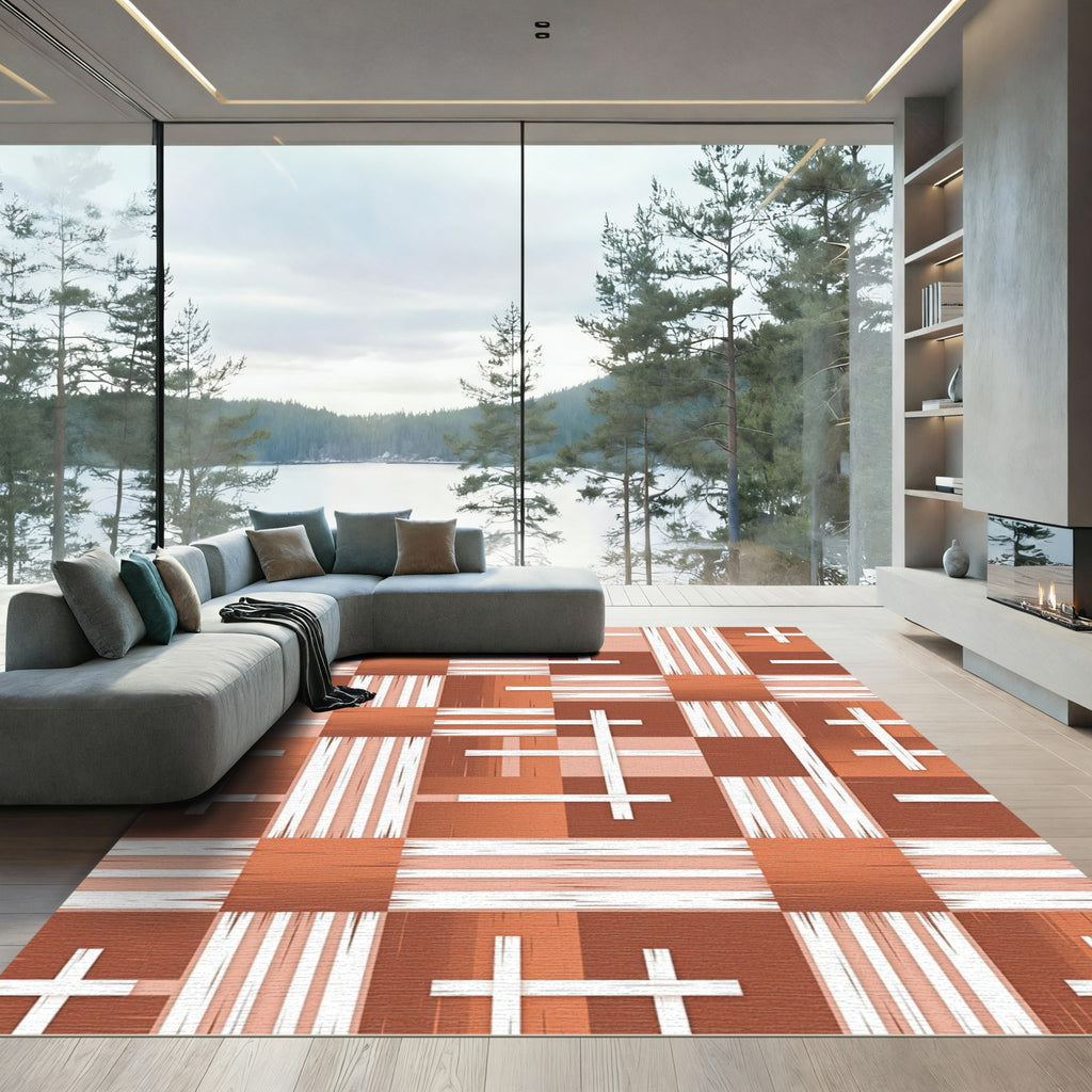 Terracotta Plaid Intersecting Lines Rug