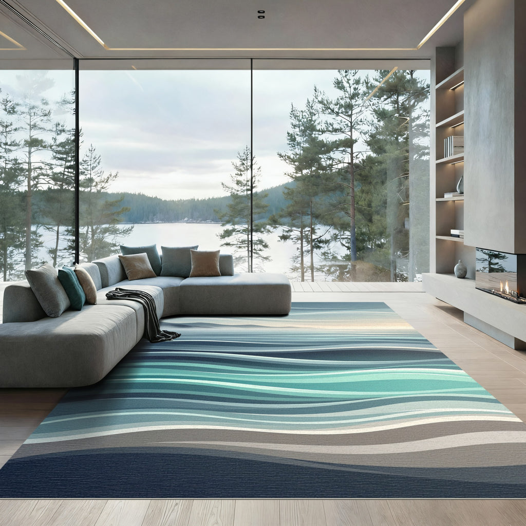 Serene Blue Coastal Wave Horizon Rug