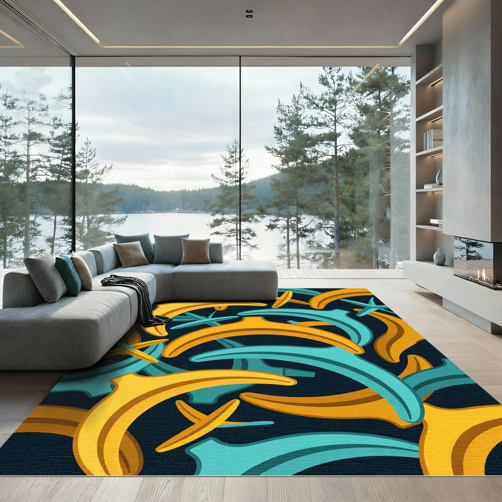 Modern Golden Banana Abstract Teal Layer Rug