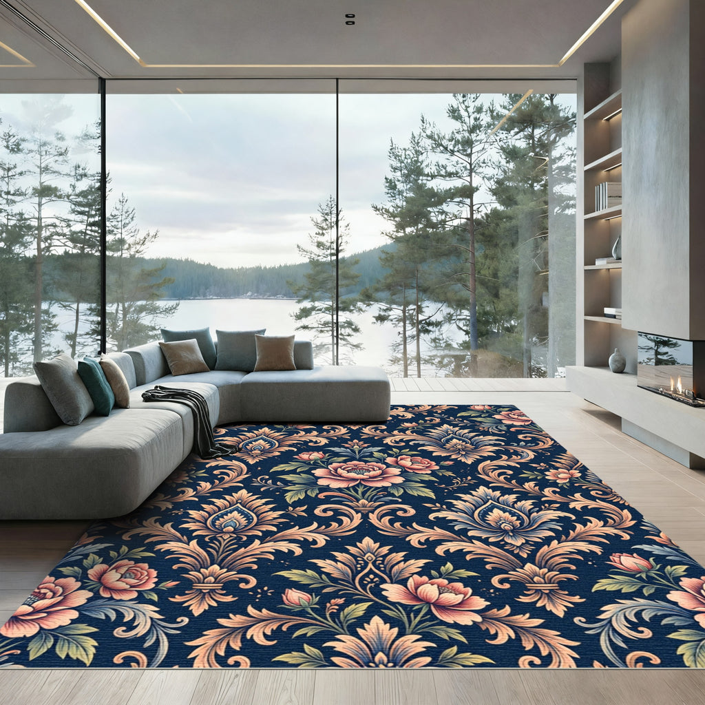 Dark Navy Elegant Floral Damask Rug
