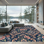 Dark Navy Elegant Floral Damask Rug