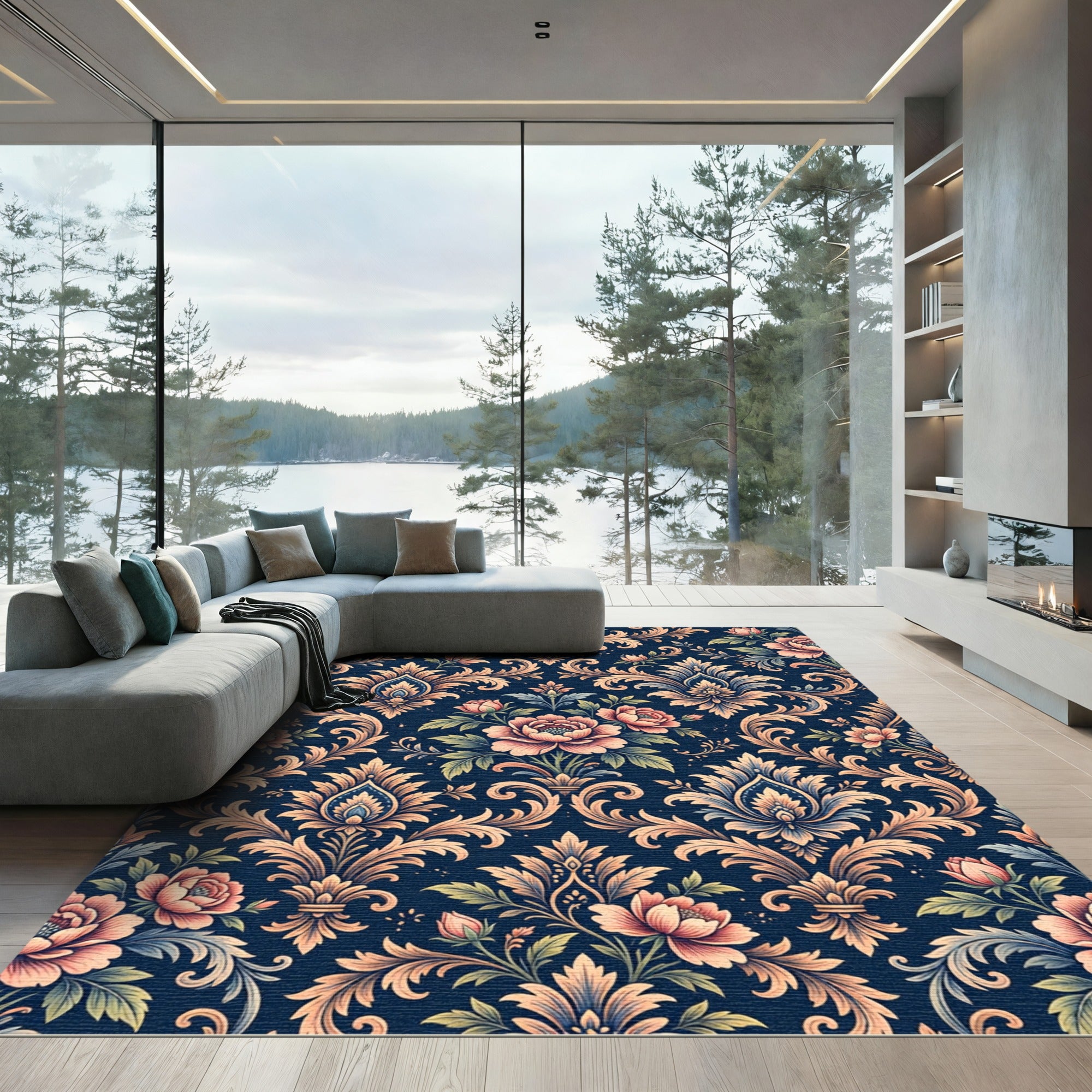 Dark Navy Elegant Floral Damask Rug