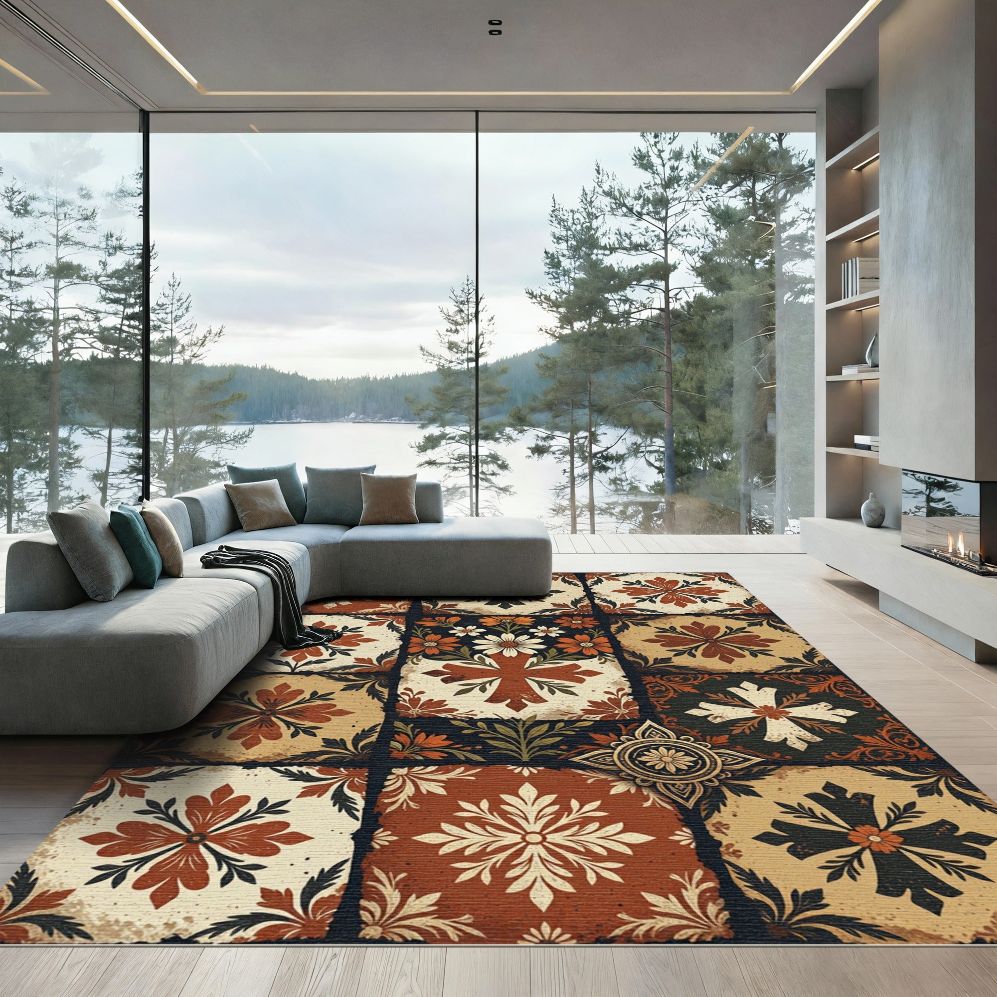 Rustic Terracotta Floral Tile Patchwork Rug