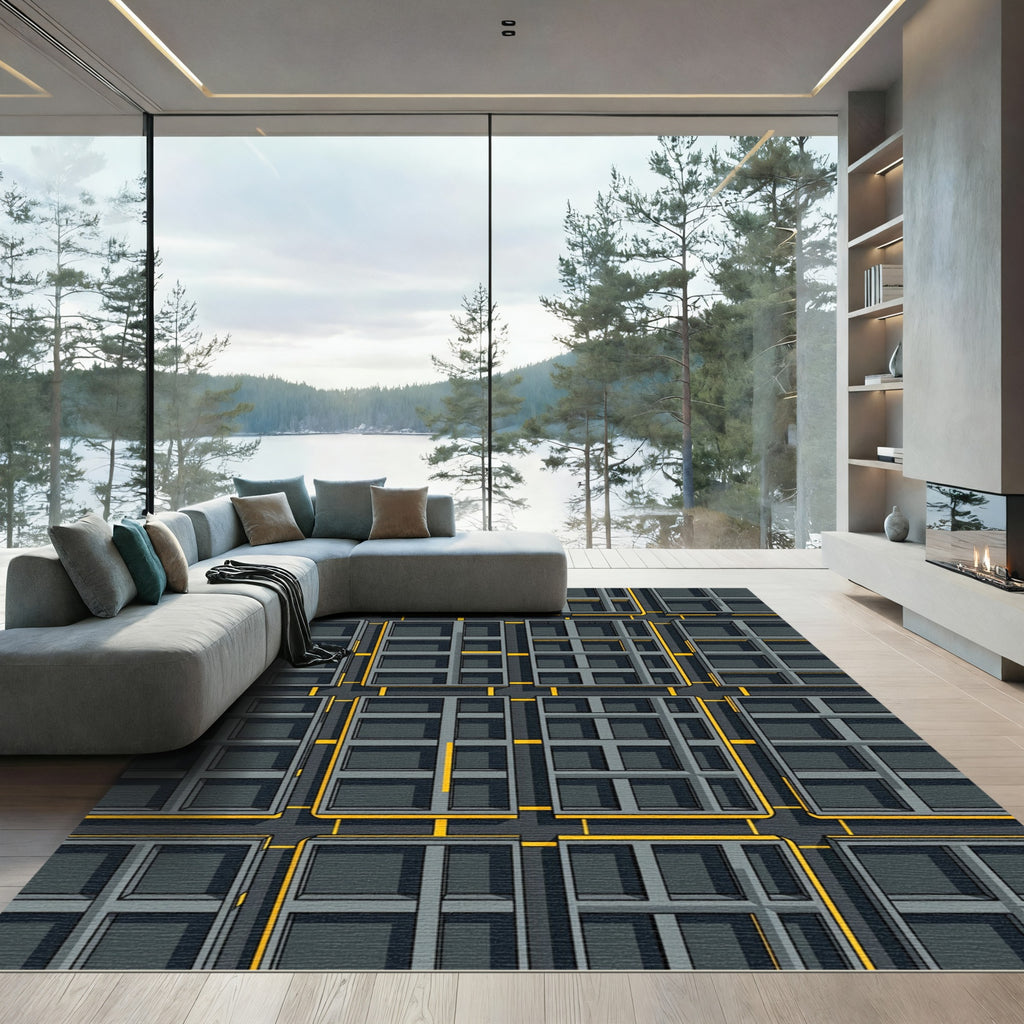 Gray Yellow Interlocking Grid Composition Rug