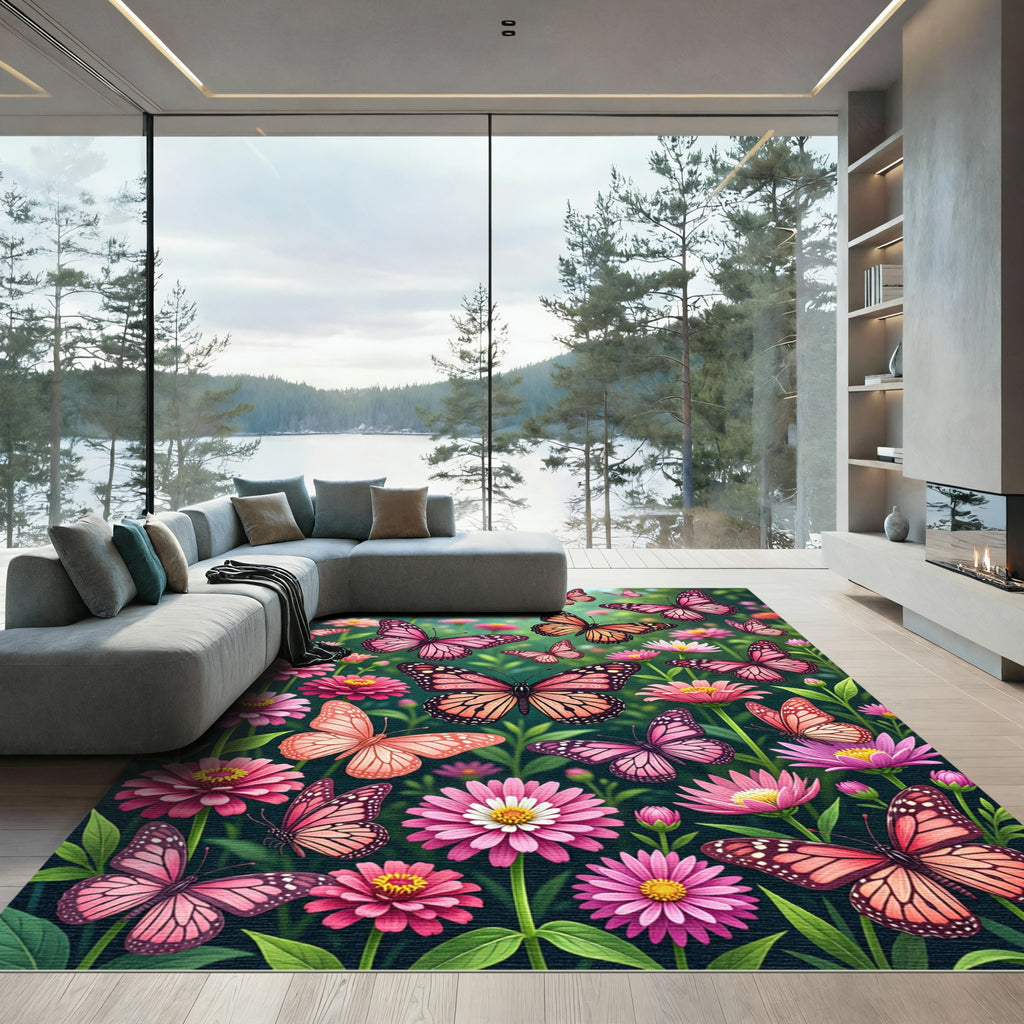 Pink Butterflies Garden Meadow Rug