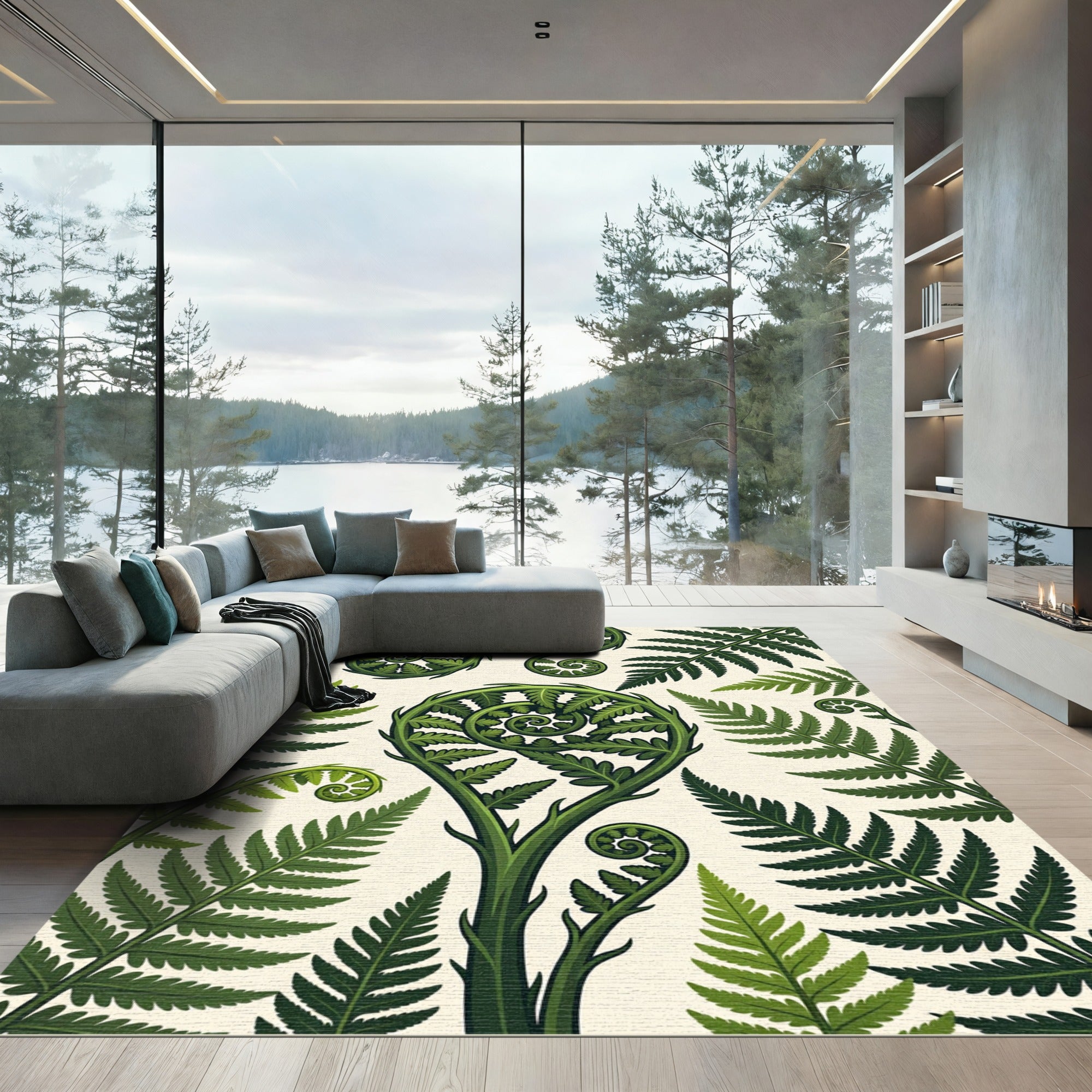 Lush Green Botanical Fern Frond Rug