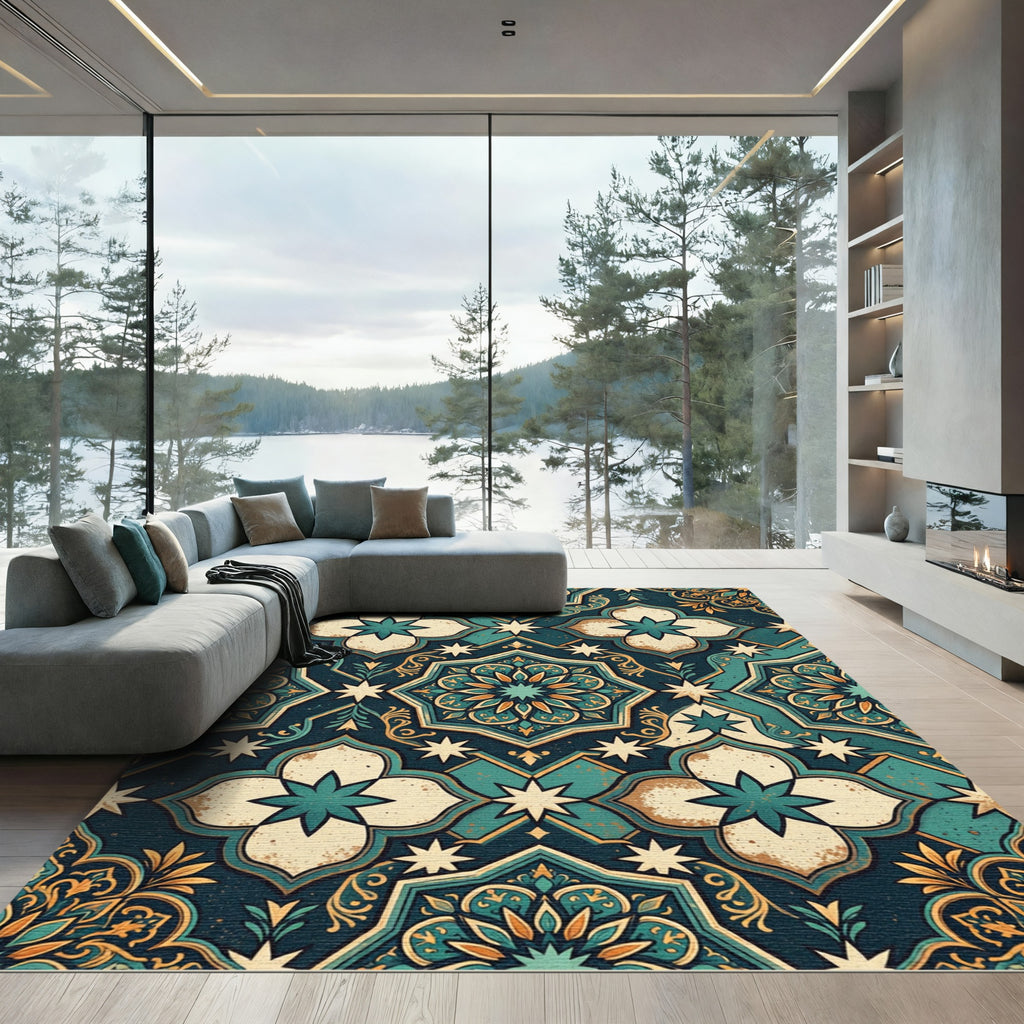 Ornate Teal Golden Medallion Tapestry Rug