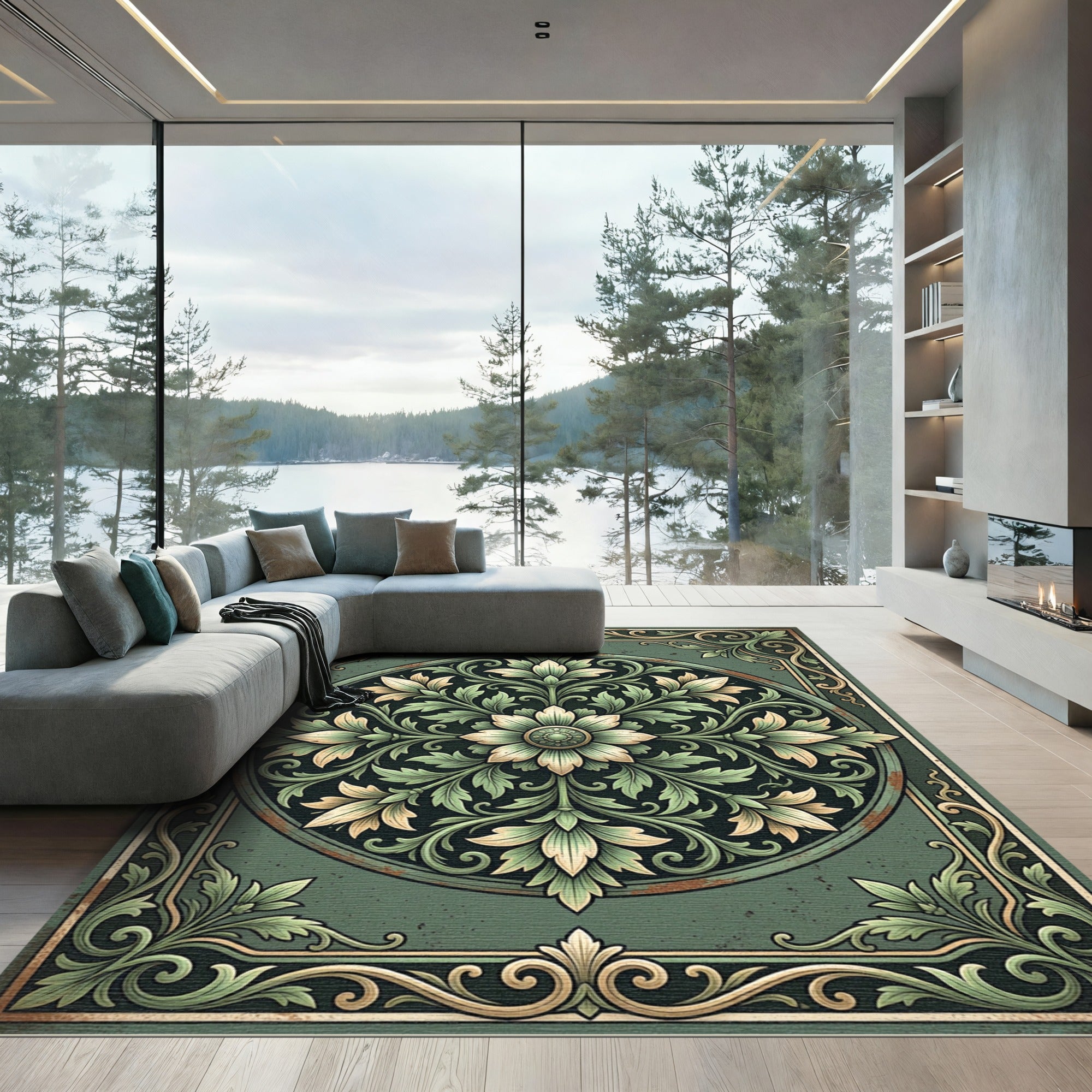 Vintage Sage Floral Art Deco Medallion Rug