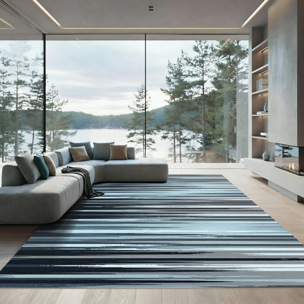 Modern Blue and Charcoal Linear Stripe Rug