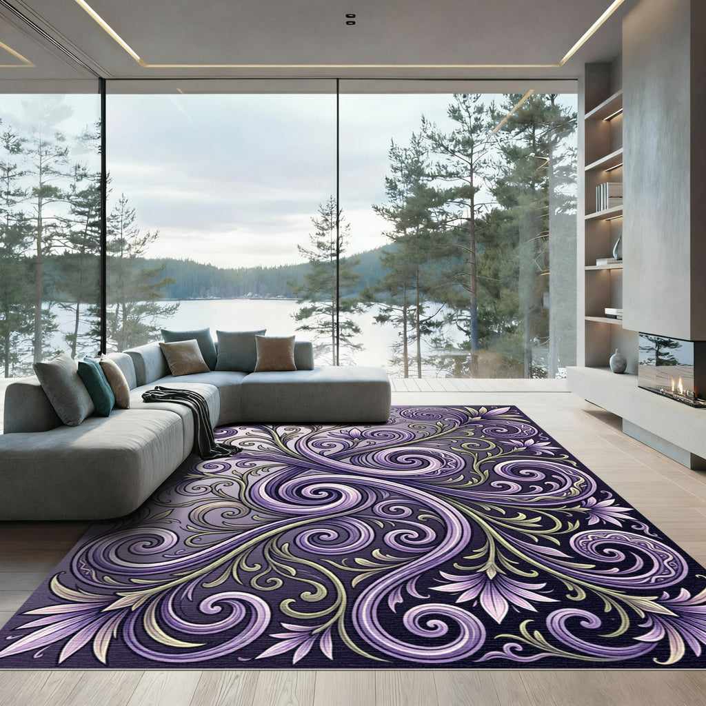 Elegant Purple Floral Swirls Rug