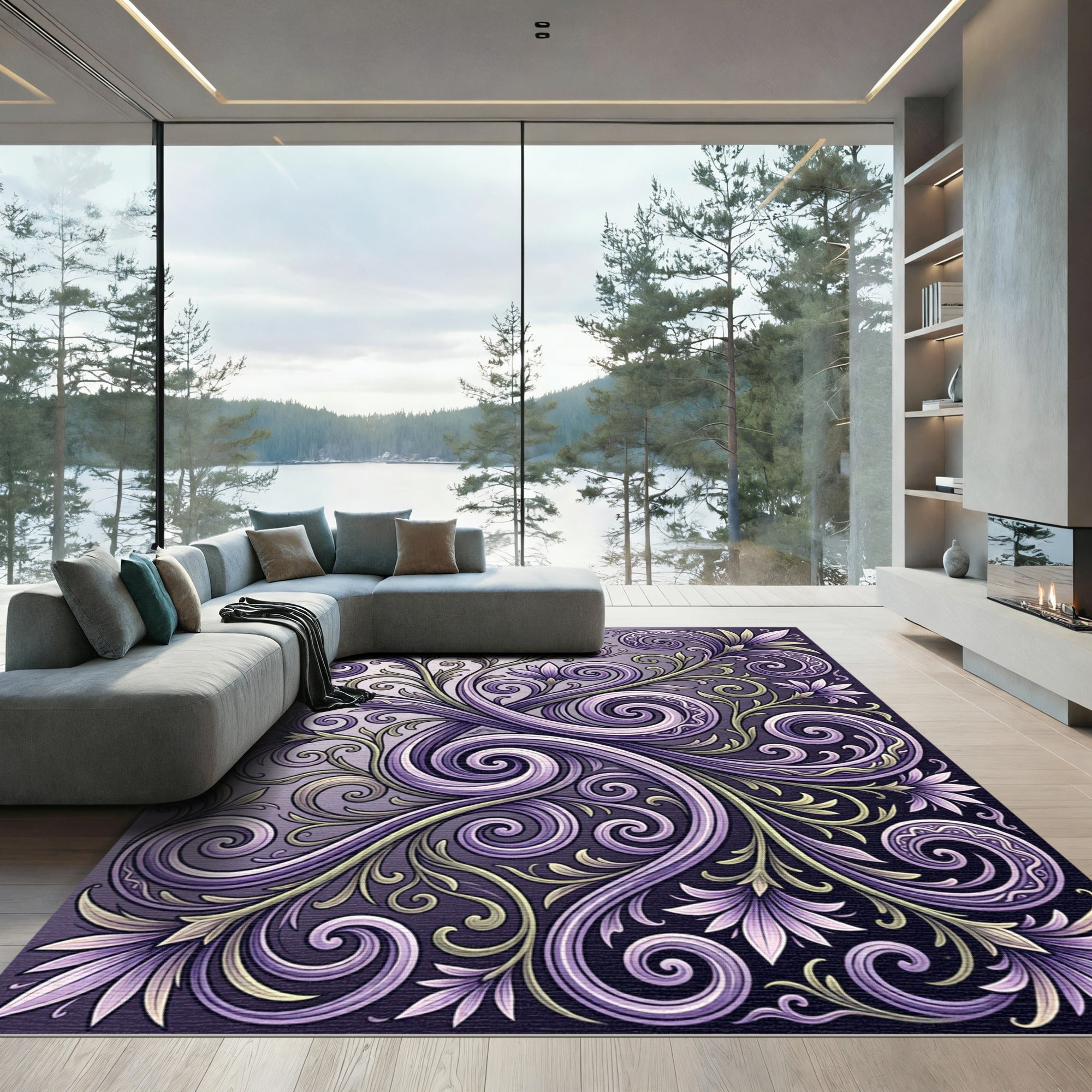 Elegant Purple Floral Swirls Rug
