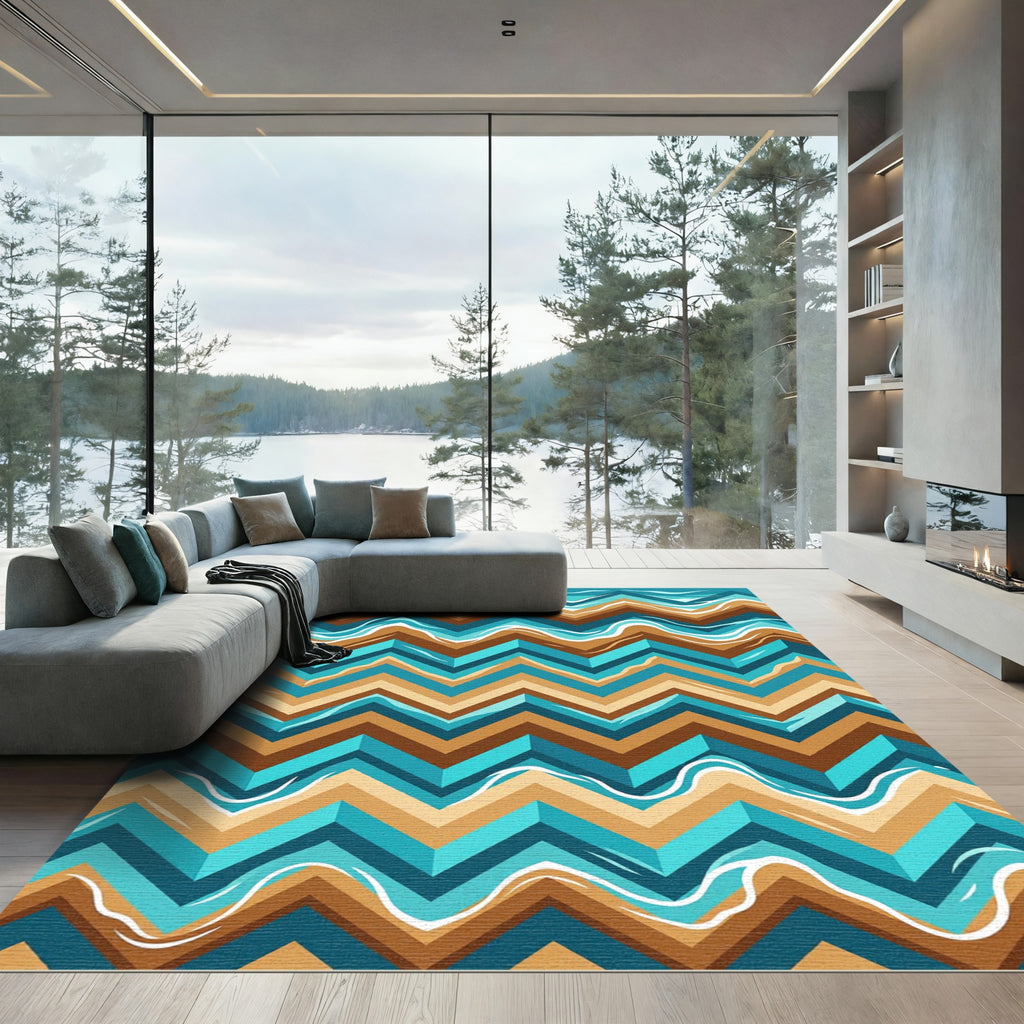 Earthy Blue Geometric Chevron Wave Rug