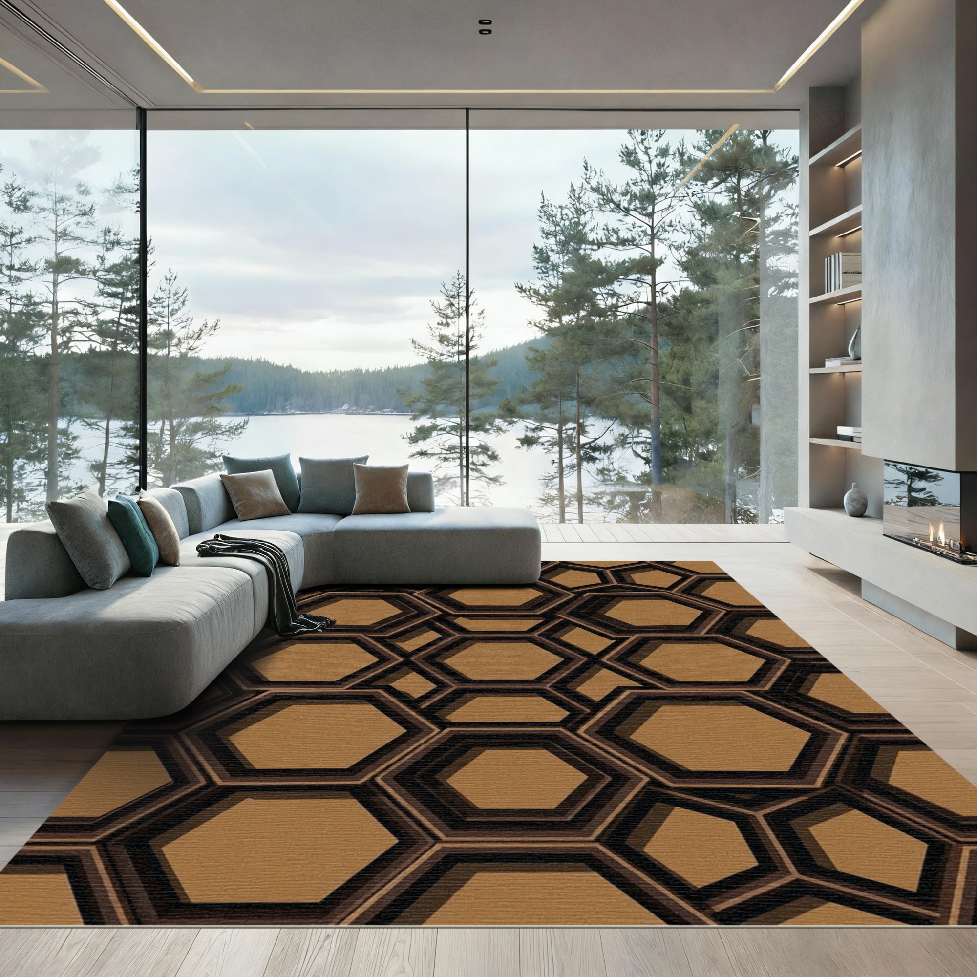 Modern Burnt Orange Geometric Hexagon Rug