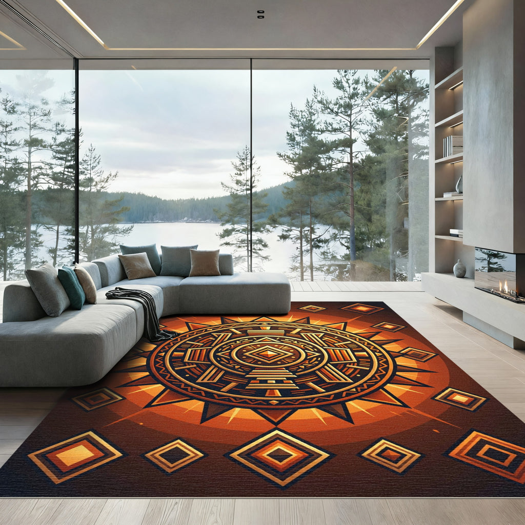 Radiant Amber Aztec Sun Geometric Rug