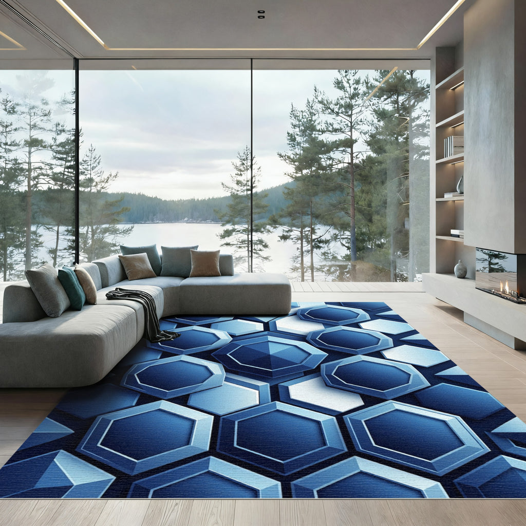 Deep Blue Faceted Geometric Hexagon Rug