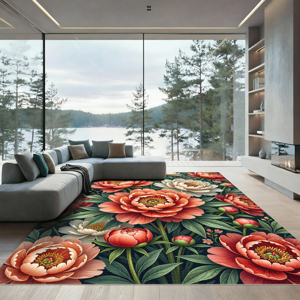 Coral Orange Peony Floral Garden Rug