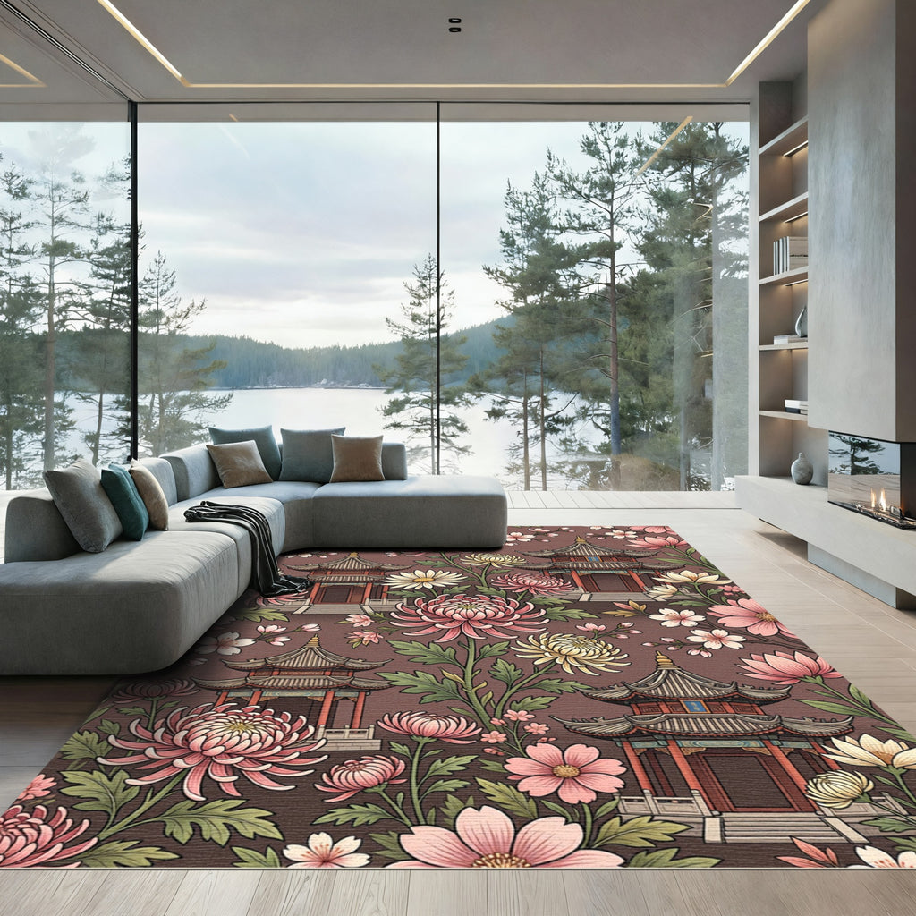 Chinoiserie Pagoda and Blossom Floral Tapestry Rug