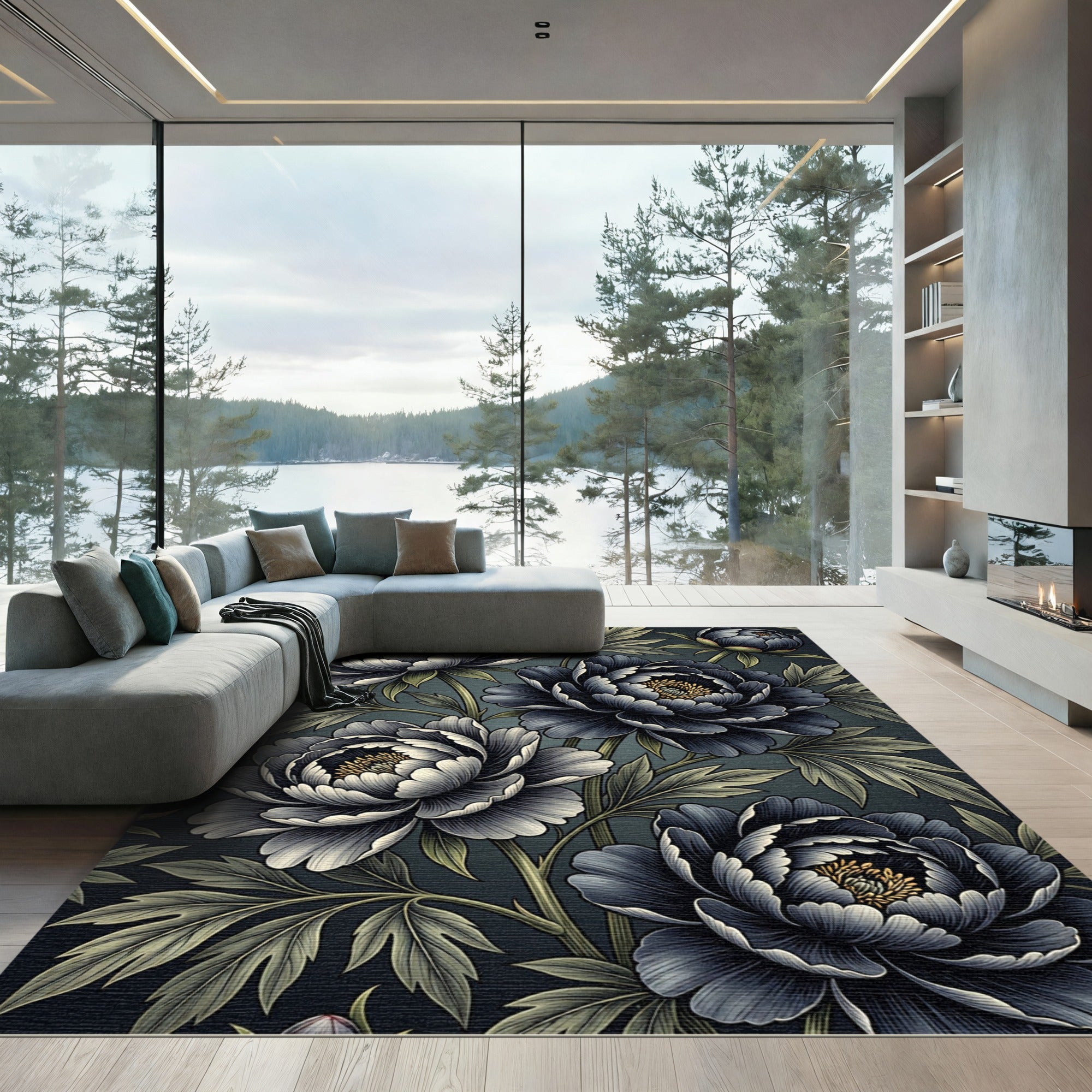 Deep Blue Peony Floral Arrangement Rug