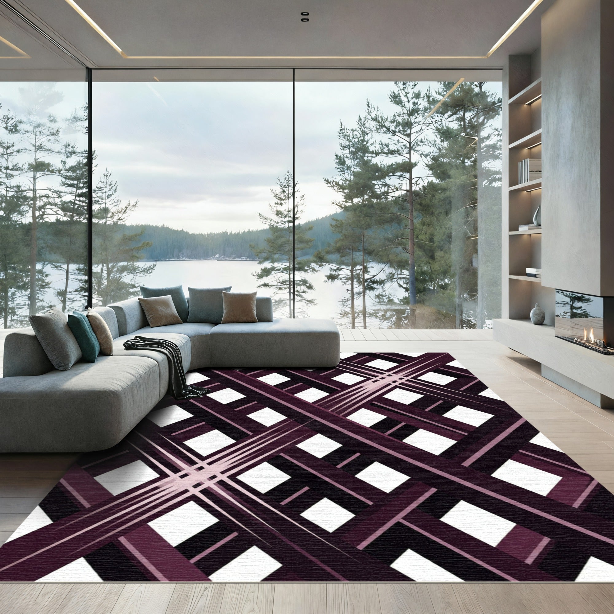 Deep Purple Intersecting Diagonal Grid Rug