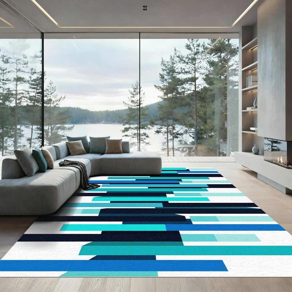 Abstract Blue Teal Stripe Layer Rug