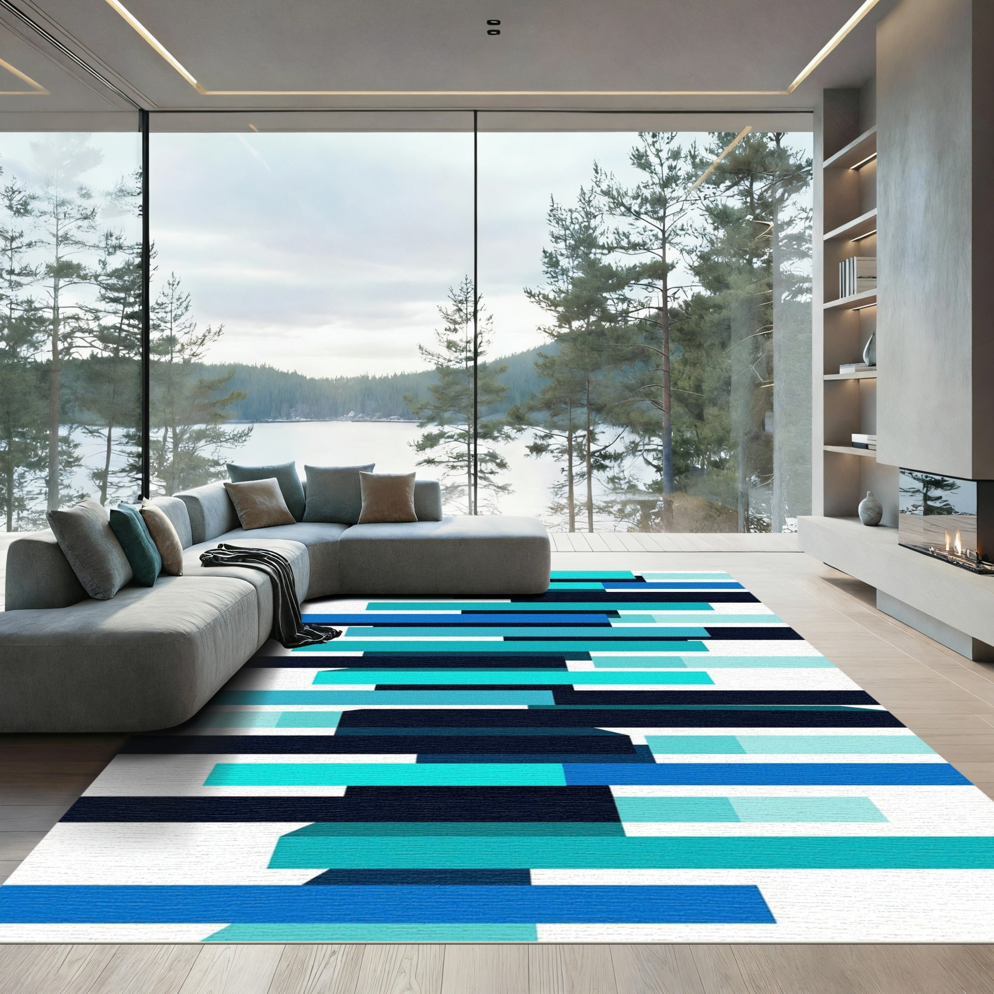 Abstract Blue Teal Stripe Layer Rug