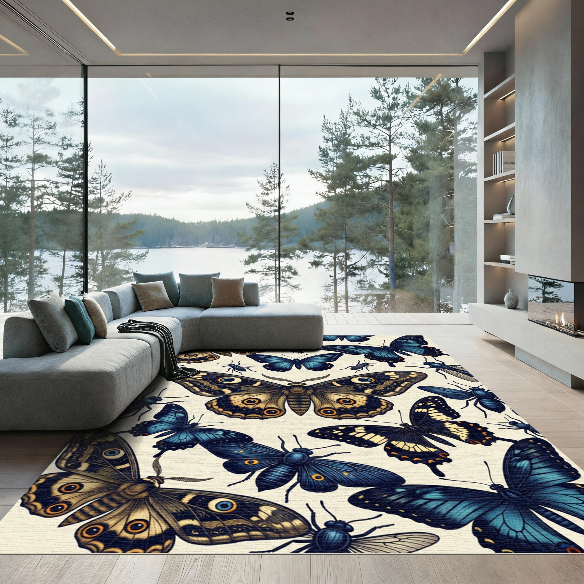 Whimsical Blue and Golden Butterfly Meadow Rug