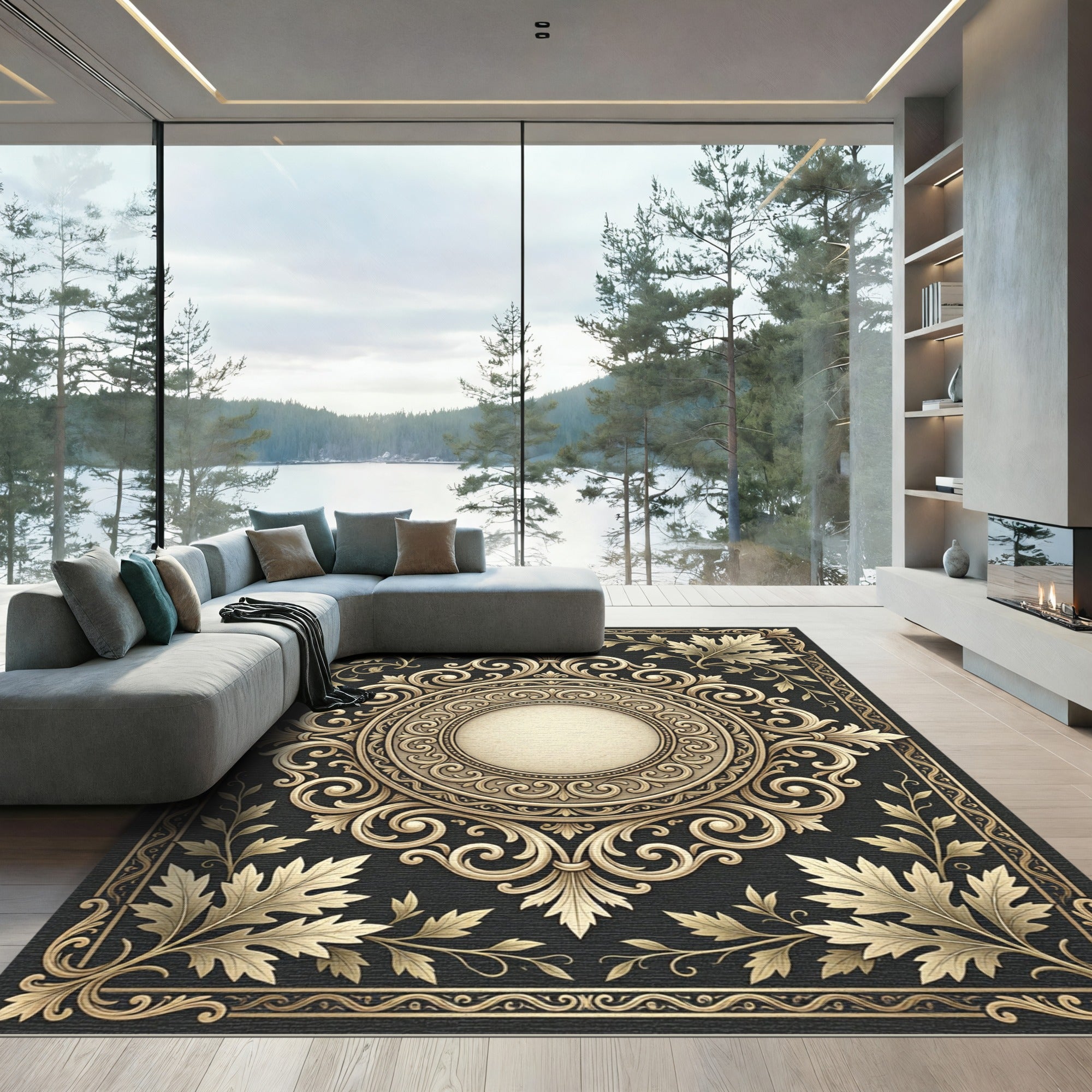 Ornate Gold Leaf Scrollwork Centerpiece Rug