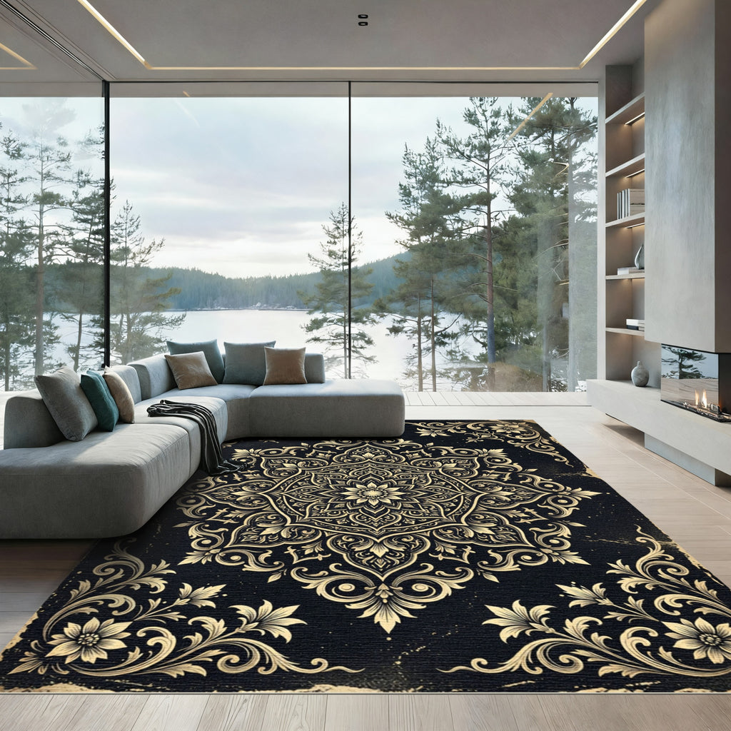 Elegant Gold Floral Medallion Black Rug