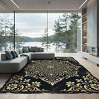 Elegant Gold Floral Medallion Black Rug