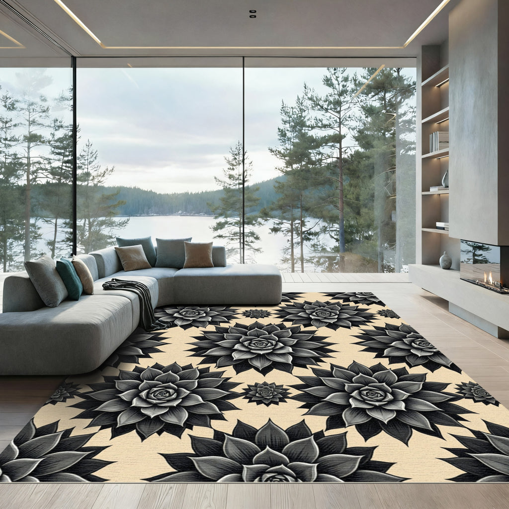 Black Succulent Floral Pattern Rug