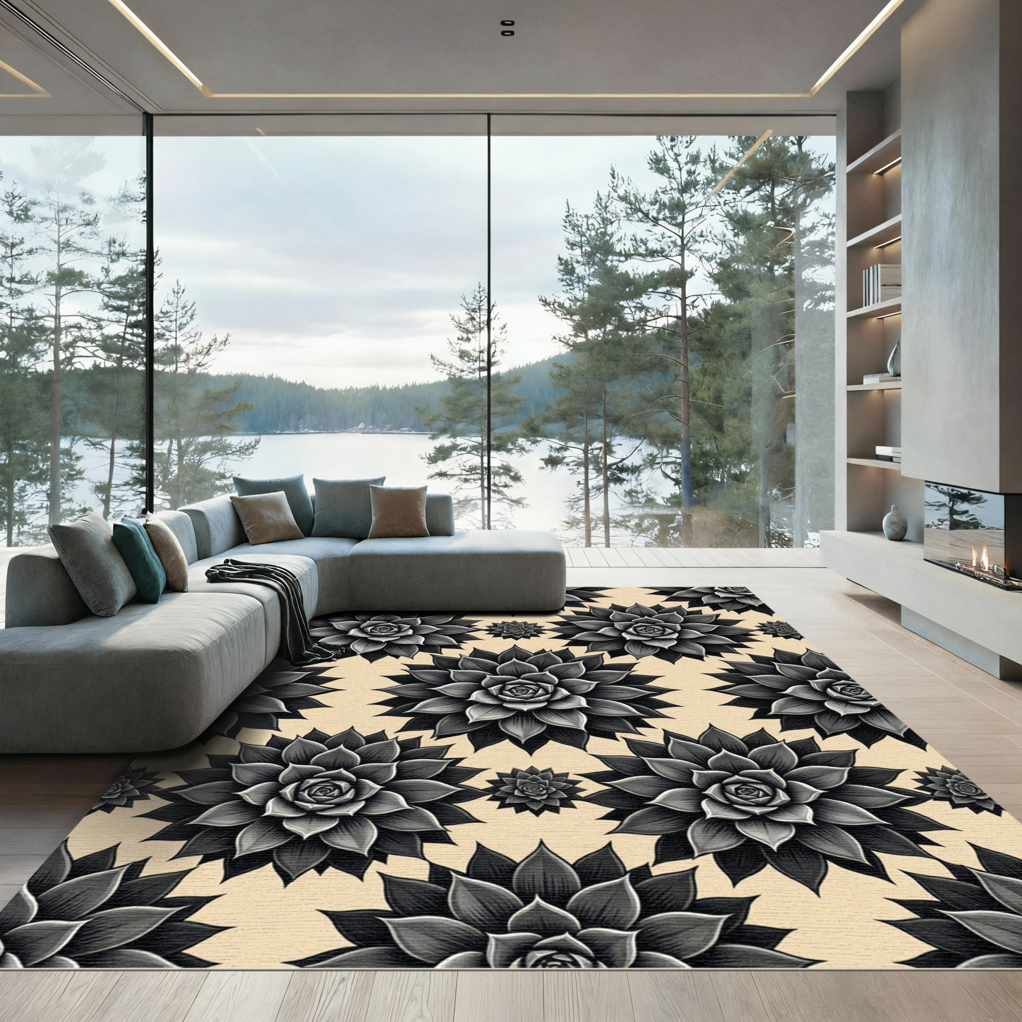 Black Succulent Floral Pattern Rug