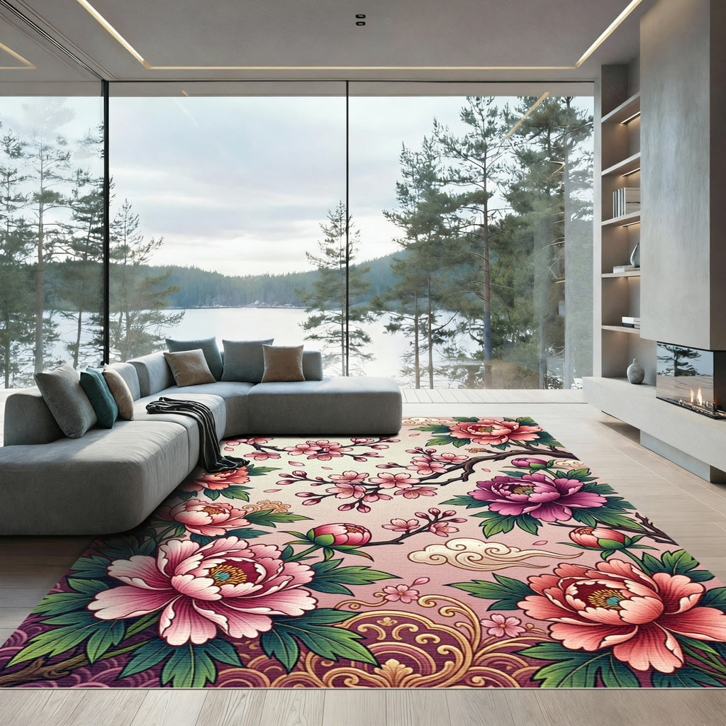 Pink Peony Cherry Blossom Floral Swirls Rug