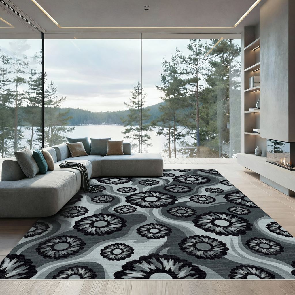 Monochrome Abstract Floral Wave Rug