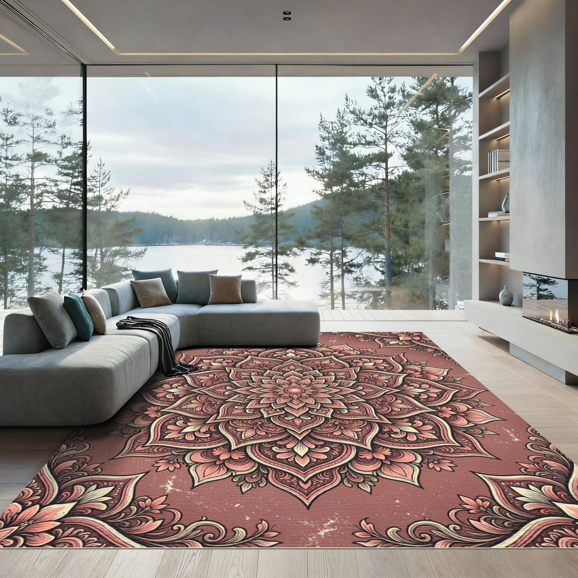 Ornate Dusty Rose Floral Mandala Rug