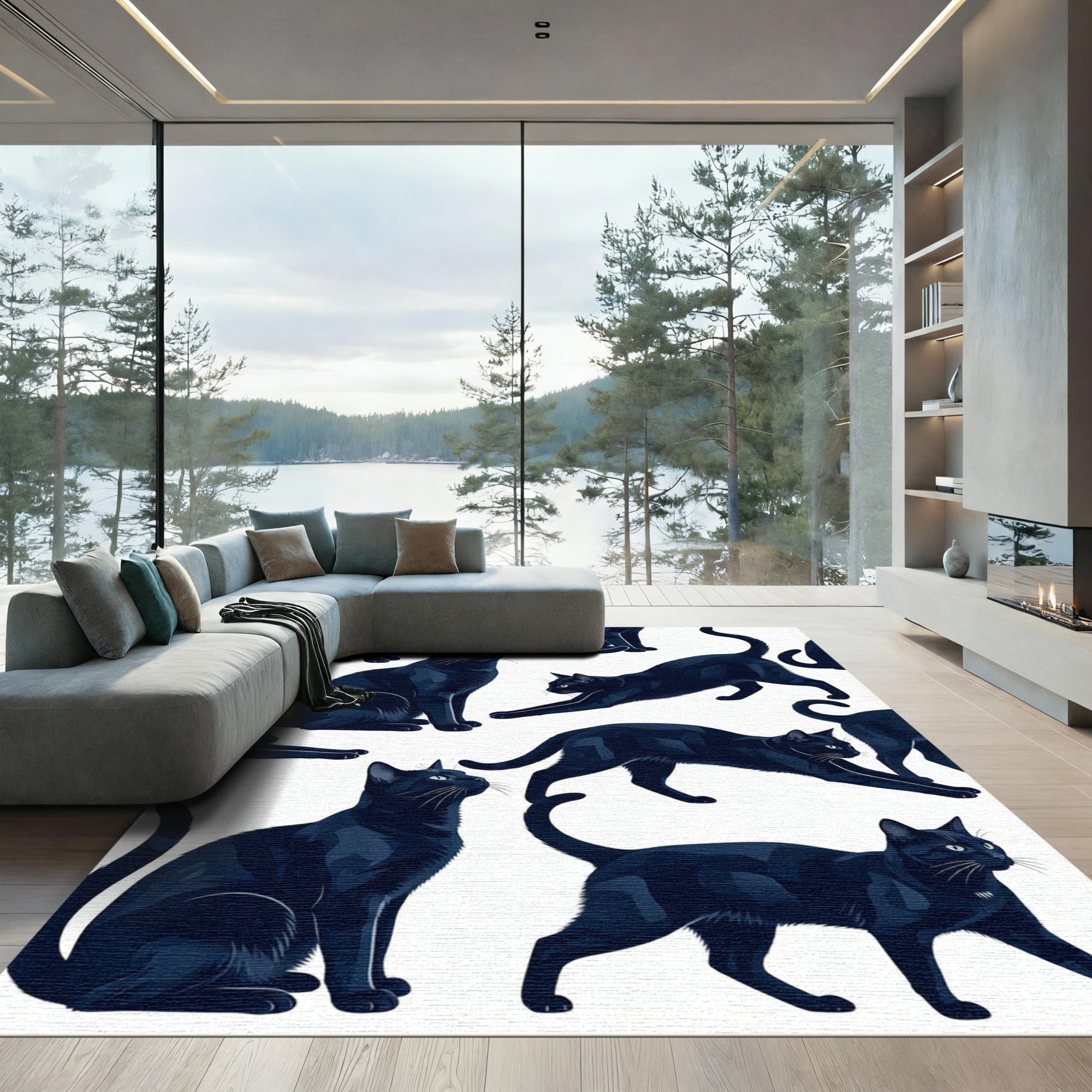 Midnight Black Feline Silhouette Illustration Rug