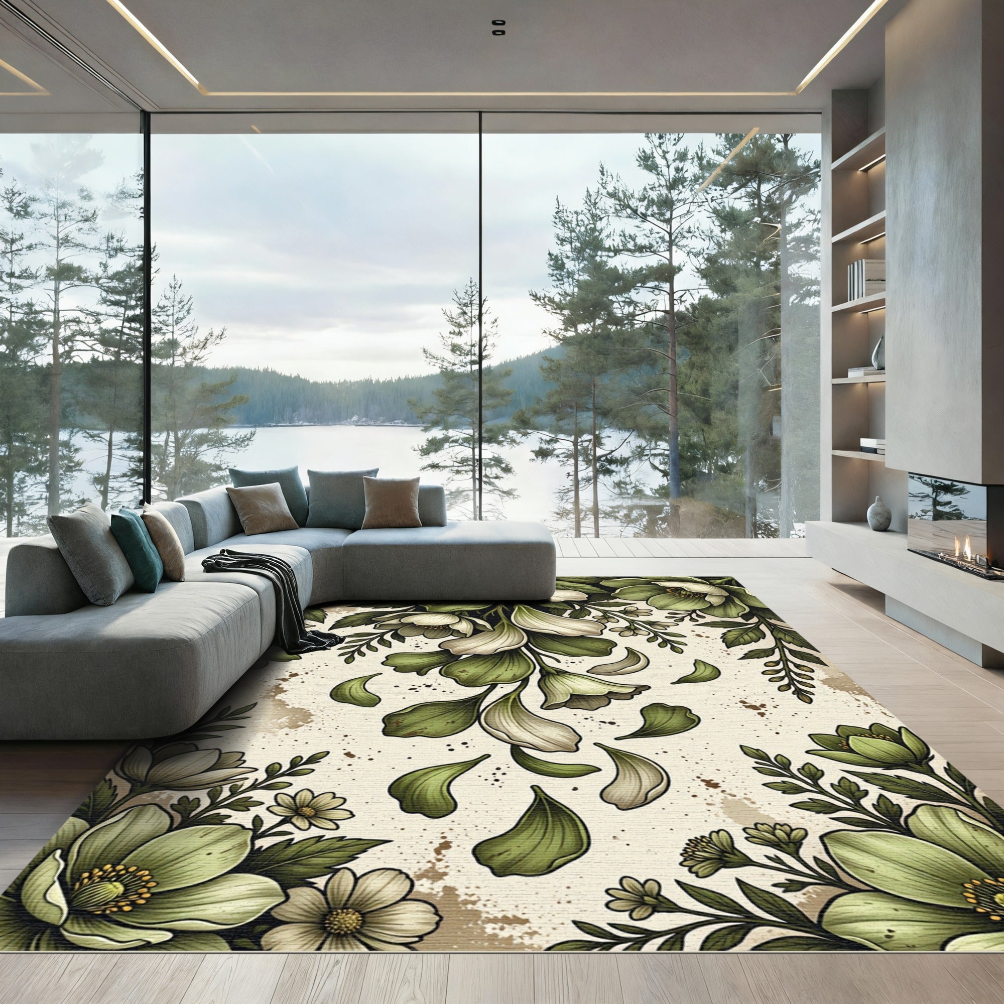 Sage Green Floral Leafy Garland Rug