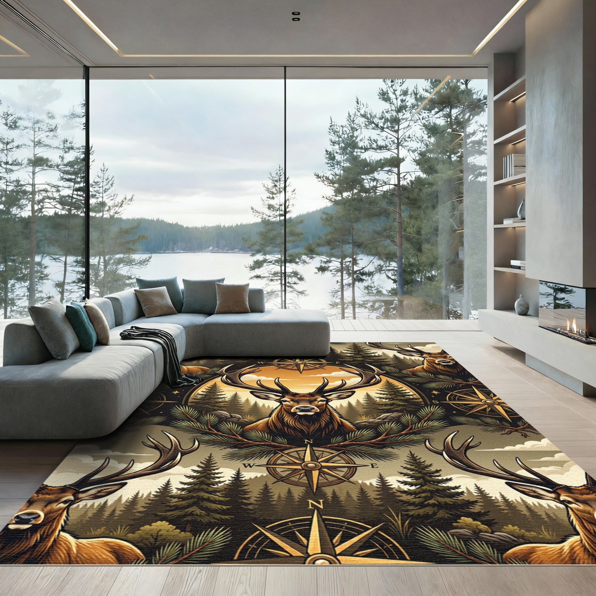 Rustic Golden Forest Elk Compass Rug