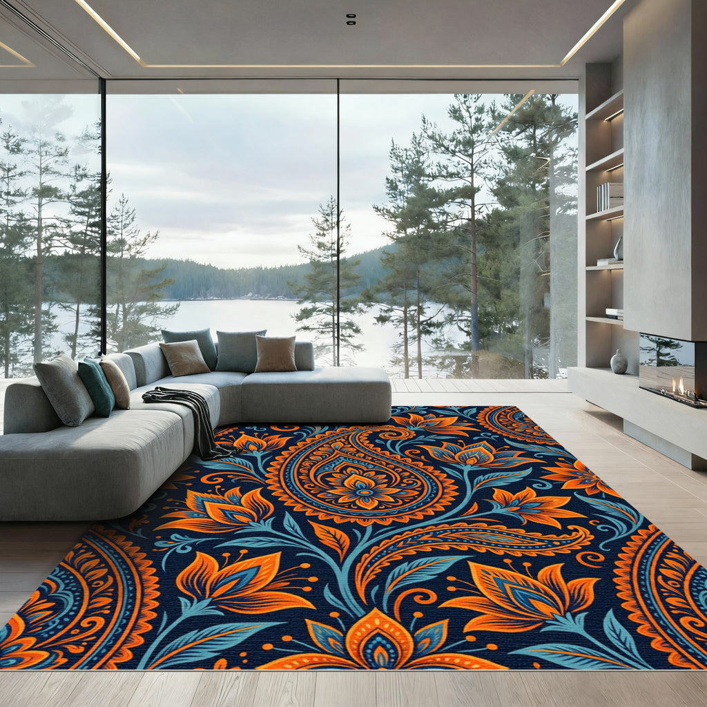Vibrant Orange Blue Paisley Floral Rug