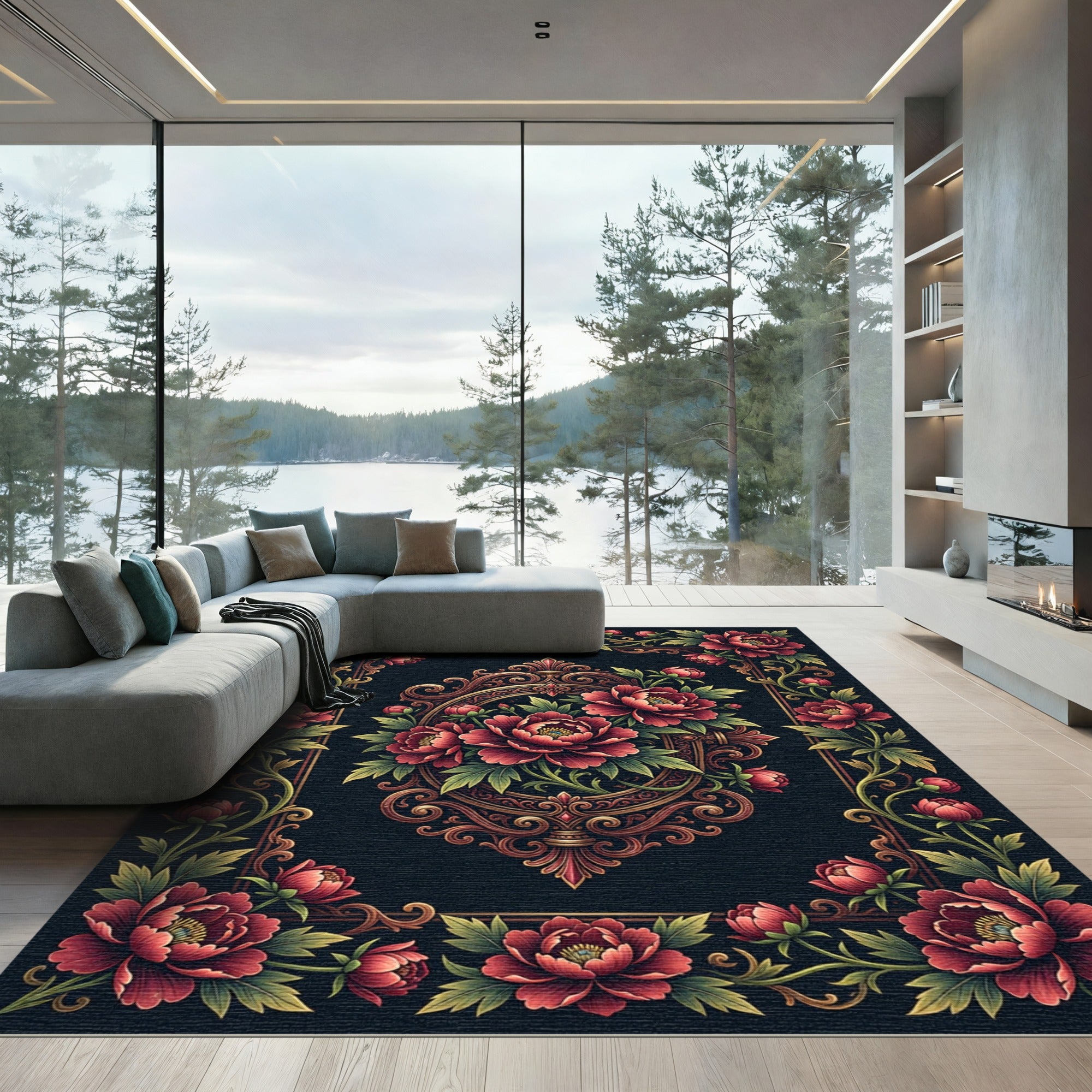 Elegant Crimson Peony Medallion Border Rug