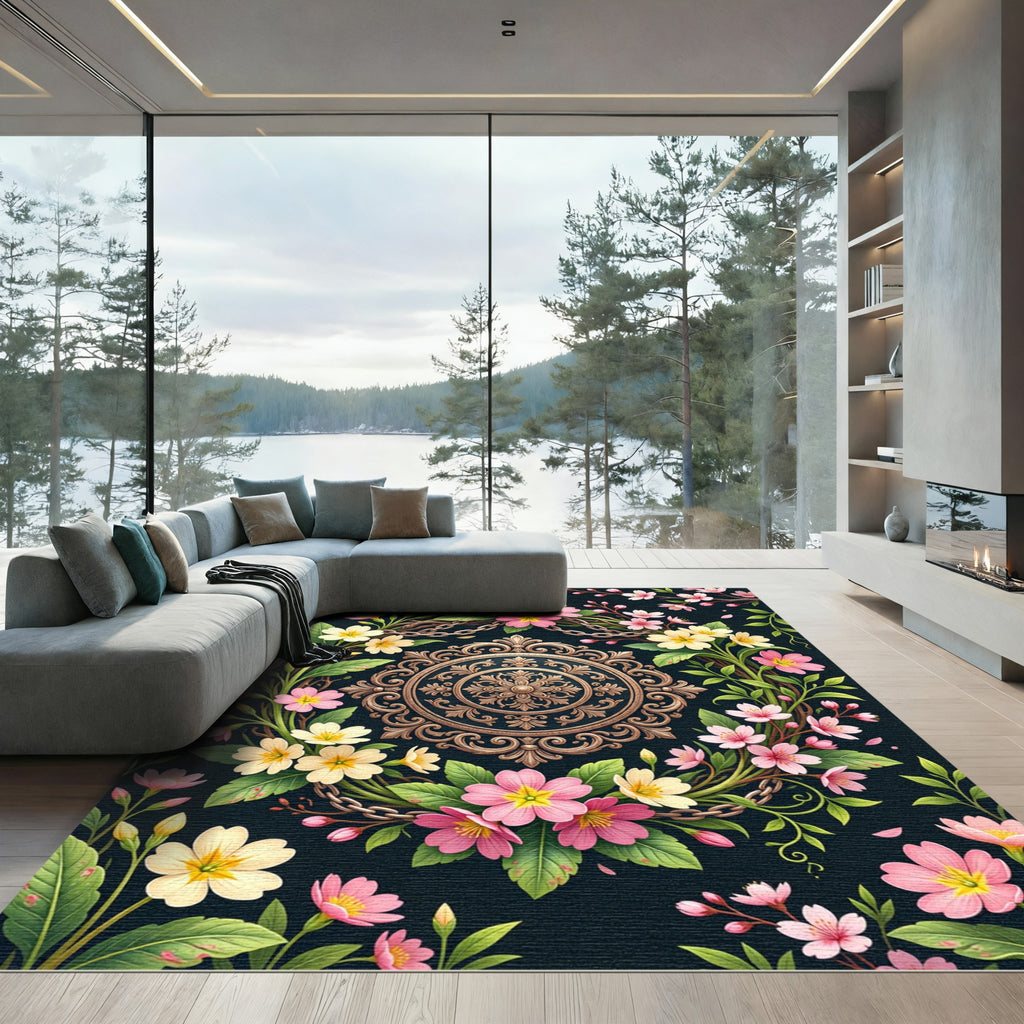 Ornate Pink Primrose Floral Circular Medallion Rug