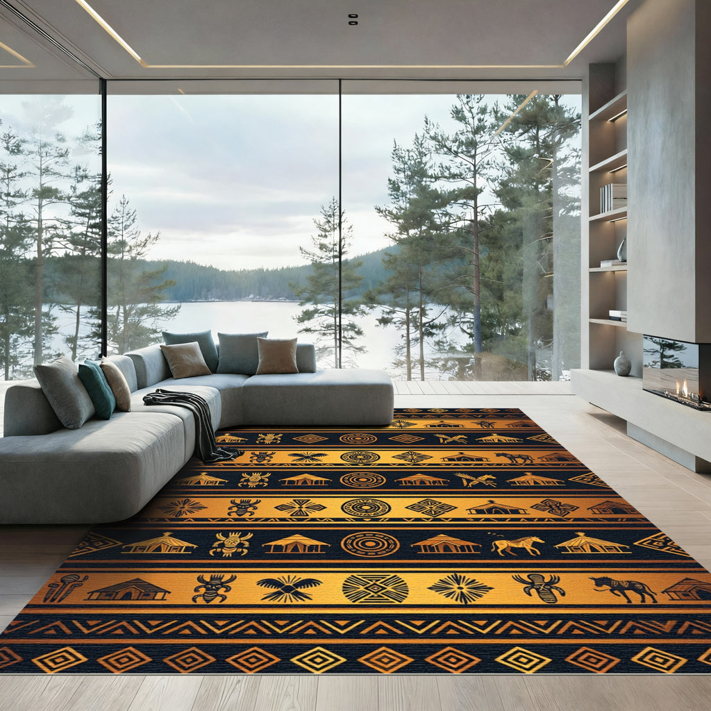 Golden Tribal African Geometric Art Rug