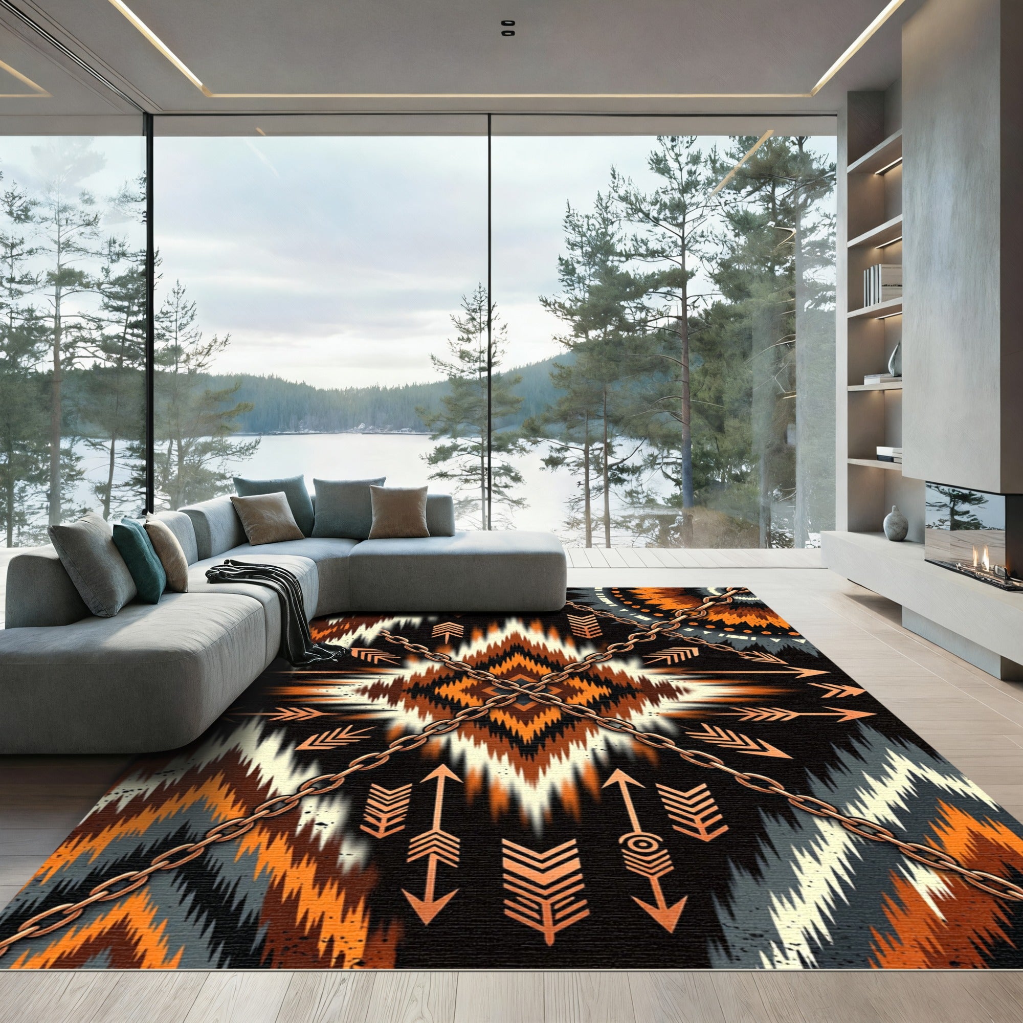 Earthy Geometric Aztec Chain Accent Rug