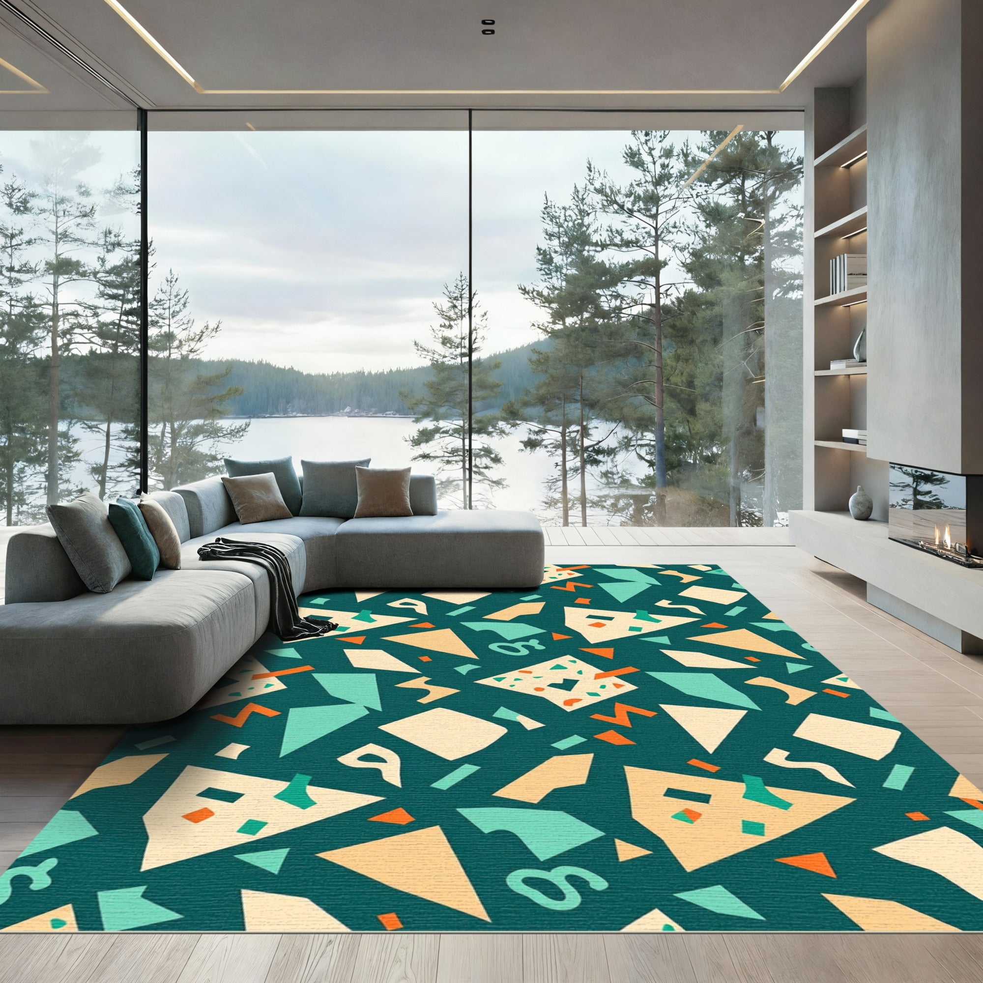 Teal Mid Century Geometric Abstract Confetti Rug