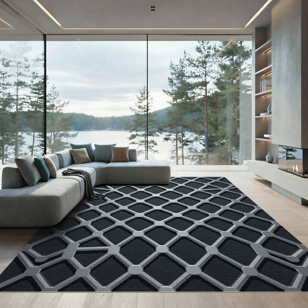 Modern Monochrome Interconnected Lattice Grid Rug