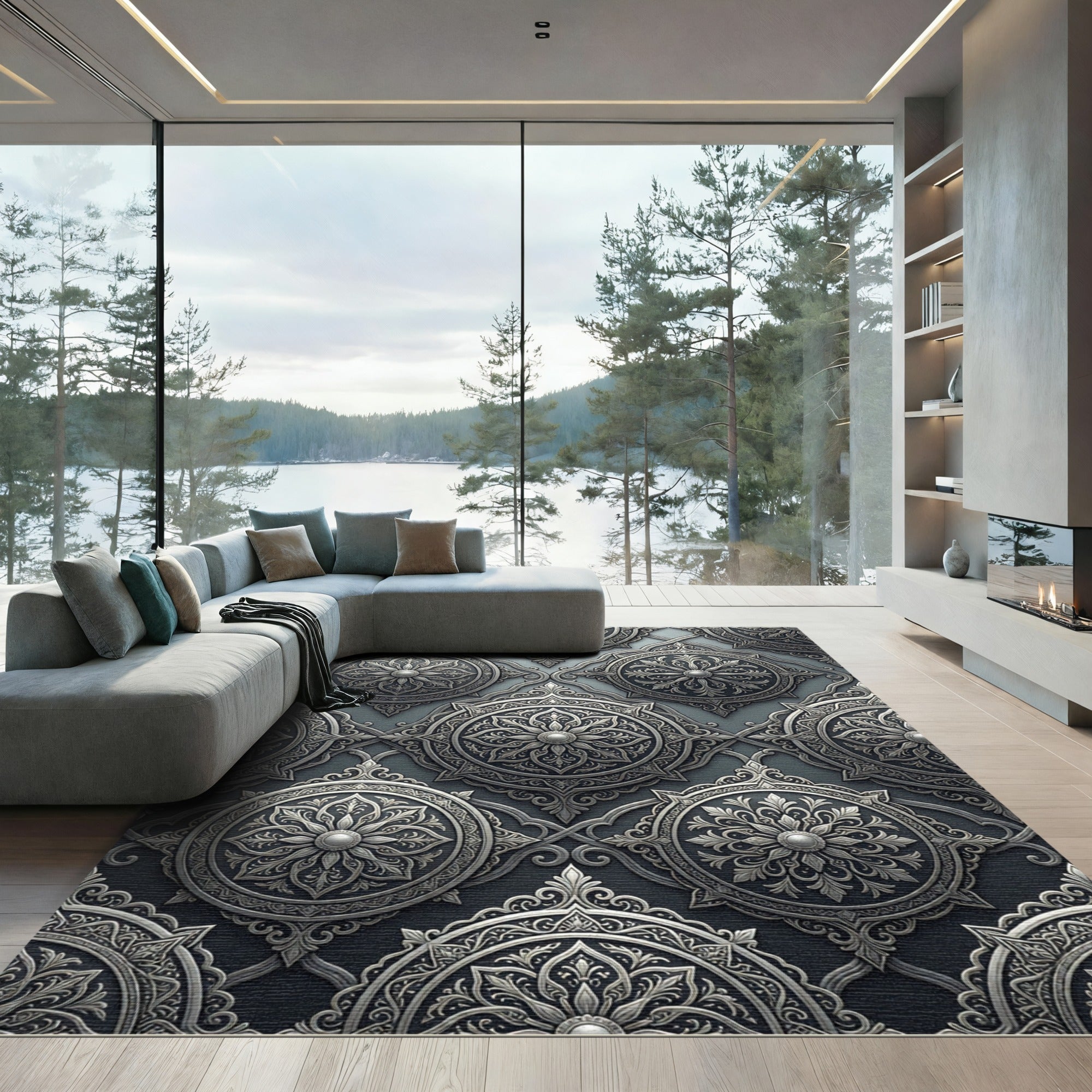 Intricate Silver Floral Medallion Arabesque Rug