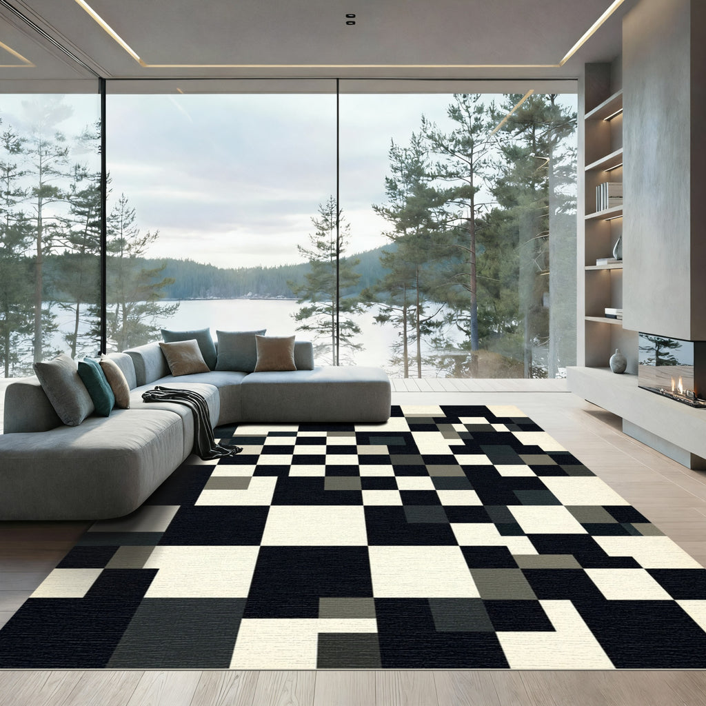 Monochrome Abstract Geometric Block Squares Rug
