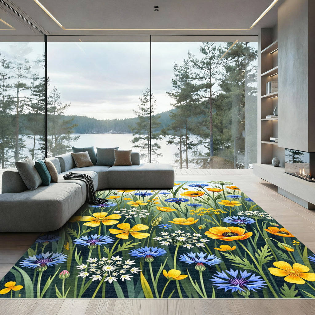Golden Yellow Blue Cornflower Meadow Rug